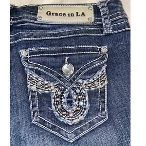 Grace In LA Medium Wash Embroidered Mid Rise Bootcut Stretch Jeans - Size 9
